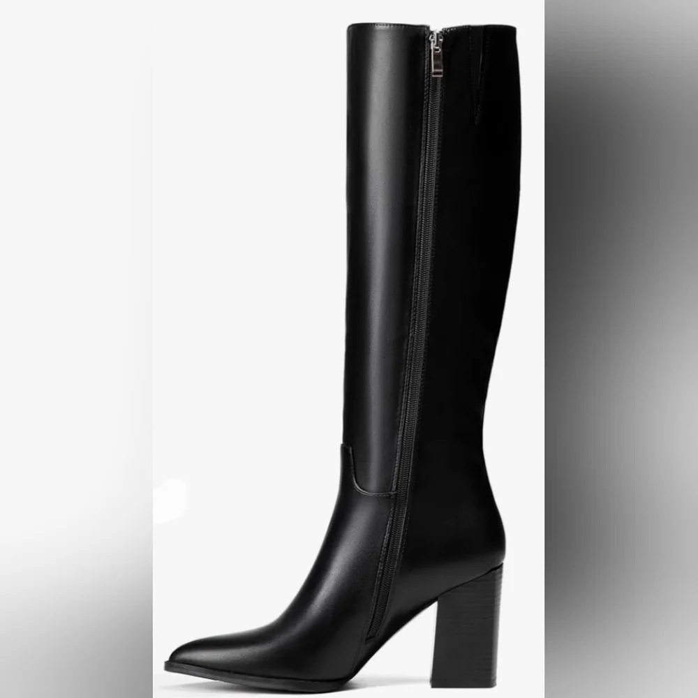 vivianly Women's Wide Knee-High Boots, Pointed Toe Block Heel Zipper, Fashion - Picture 2 of 7